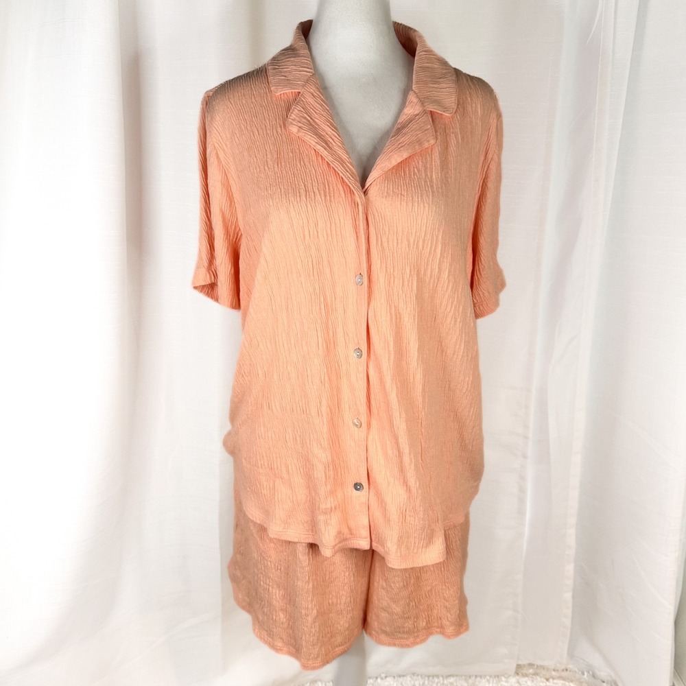 Soft Surroundings Gauze Shorts Top Set Womens M/L Coral Button Up Lounge Outfit